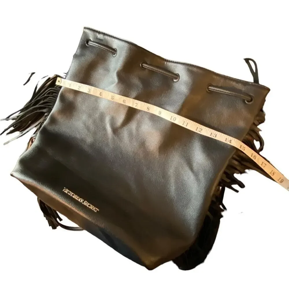 Victoria's Secret Black Faux Pebbled Leather Fringe Bucket Bag